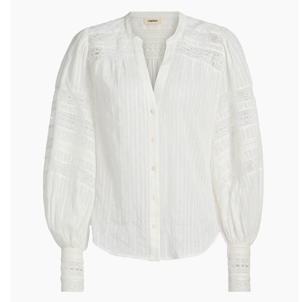 L'AGENCE Kiera Lace Inset Button Down Blouse Balloon Sleeve Boho Top - Picture 2 of 12